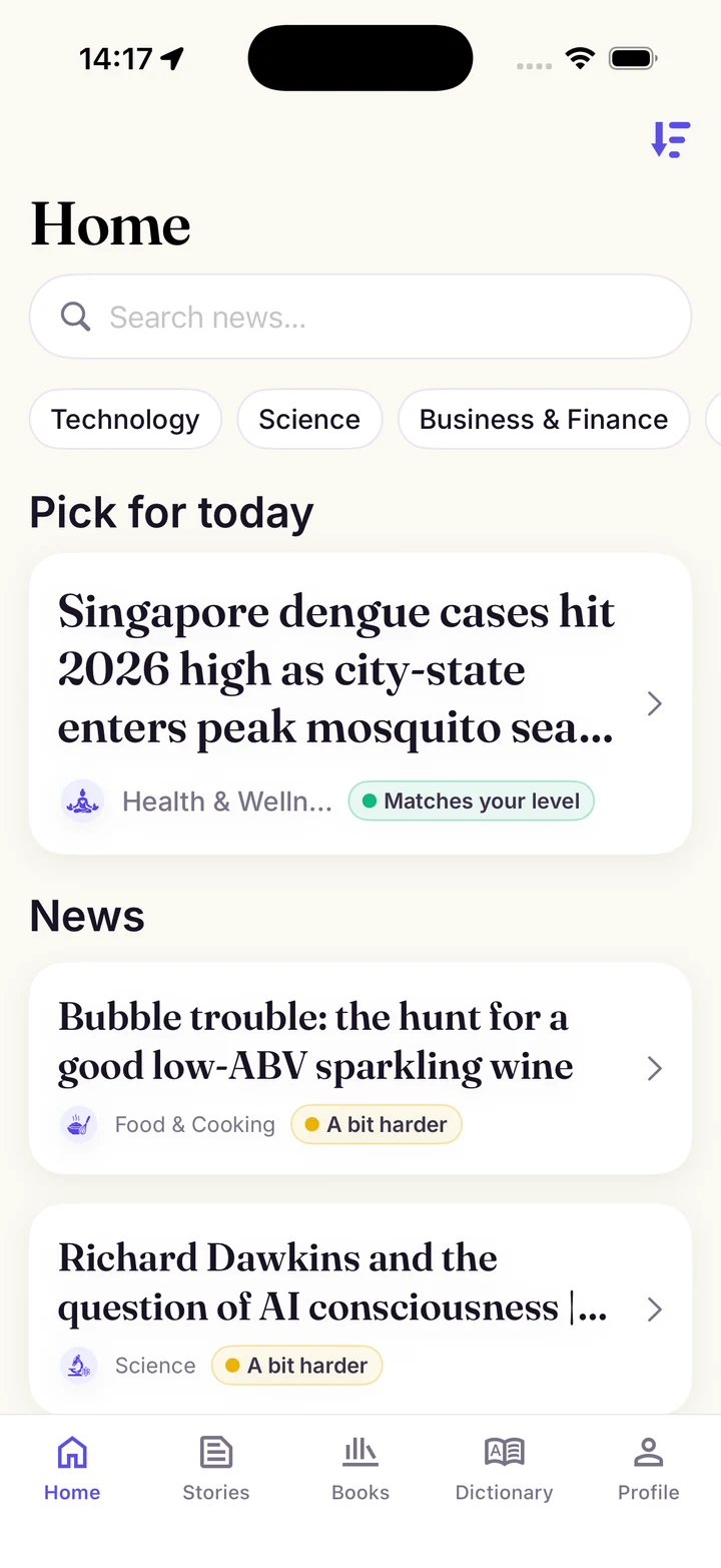 Pararead news screen with level-matched articles.