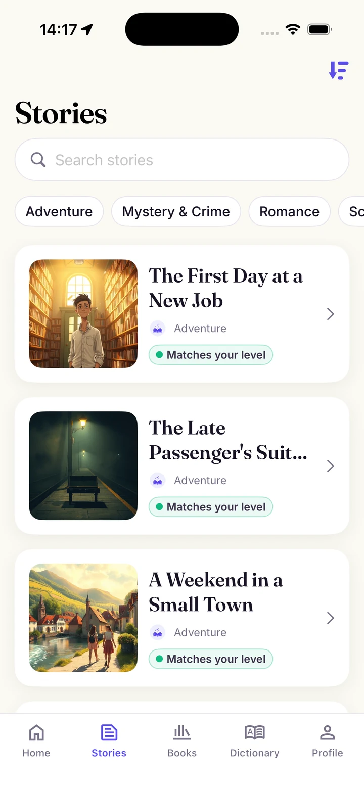 Pararead stories screen with level-matched story cards.